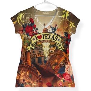 Sweet Gisele Top Womens M Medium Brown I Love Texas Rhinestones Y2K USA
